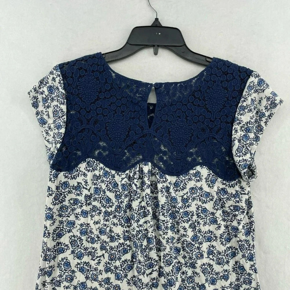 Daniel Rainn Top Women Sz S Blue Floral Boho Stretch Lace Trim Neck Short Sleeve - Picture 7 of 12